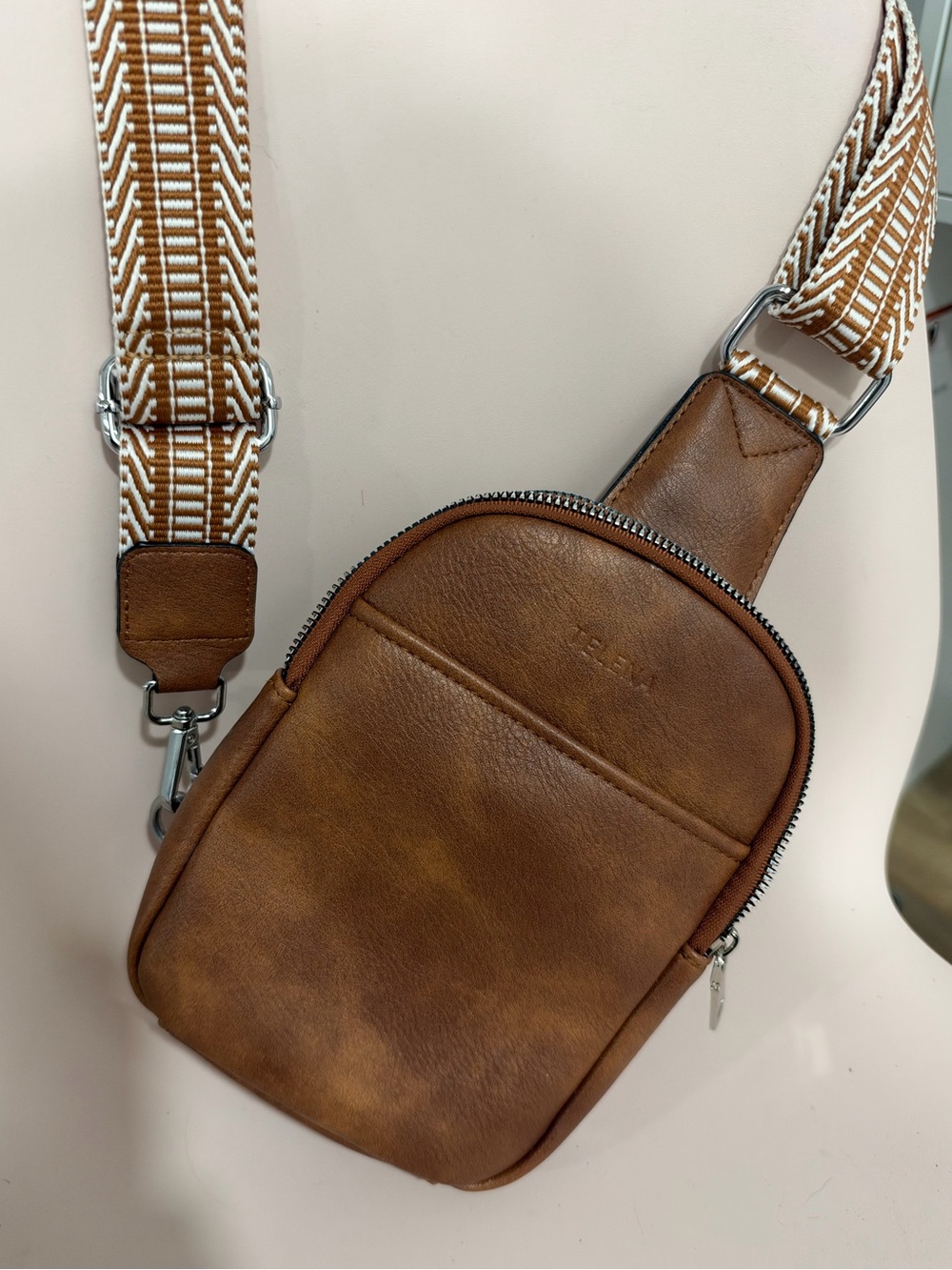 Women’s Telena Tan Leather Sling Belt Bag with Patterned Strap